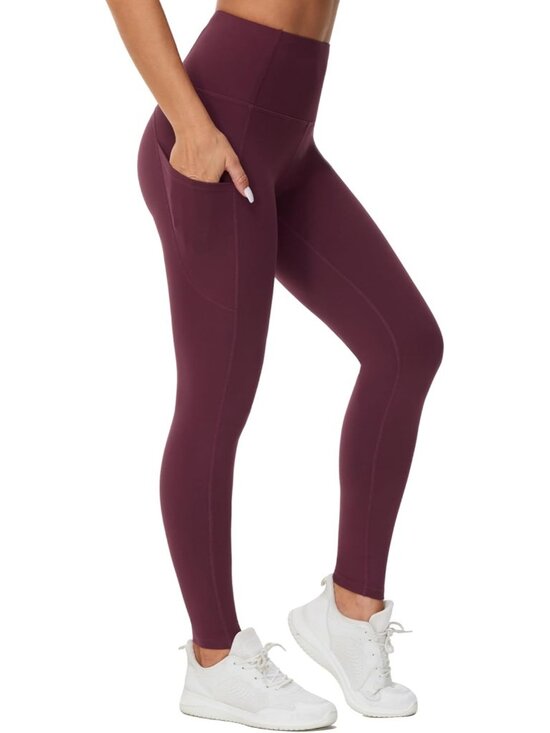 Pants - Women's Dark Red Elastic Thick High Waist Tummy Control Workout Yoga Leggings
